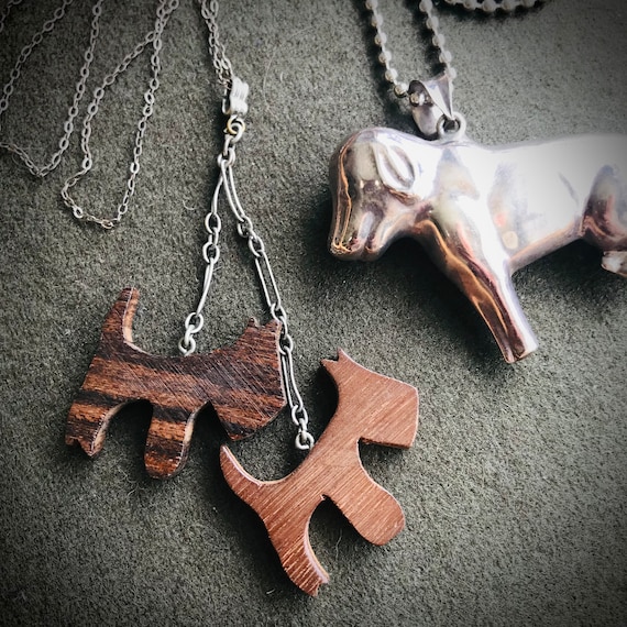 Pair of Vintage Wood and Silver Dog Necklaces - image 2