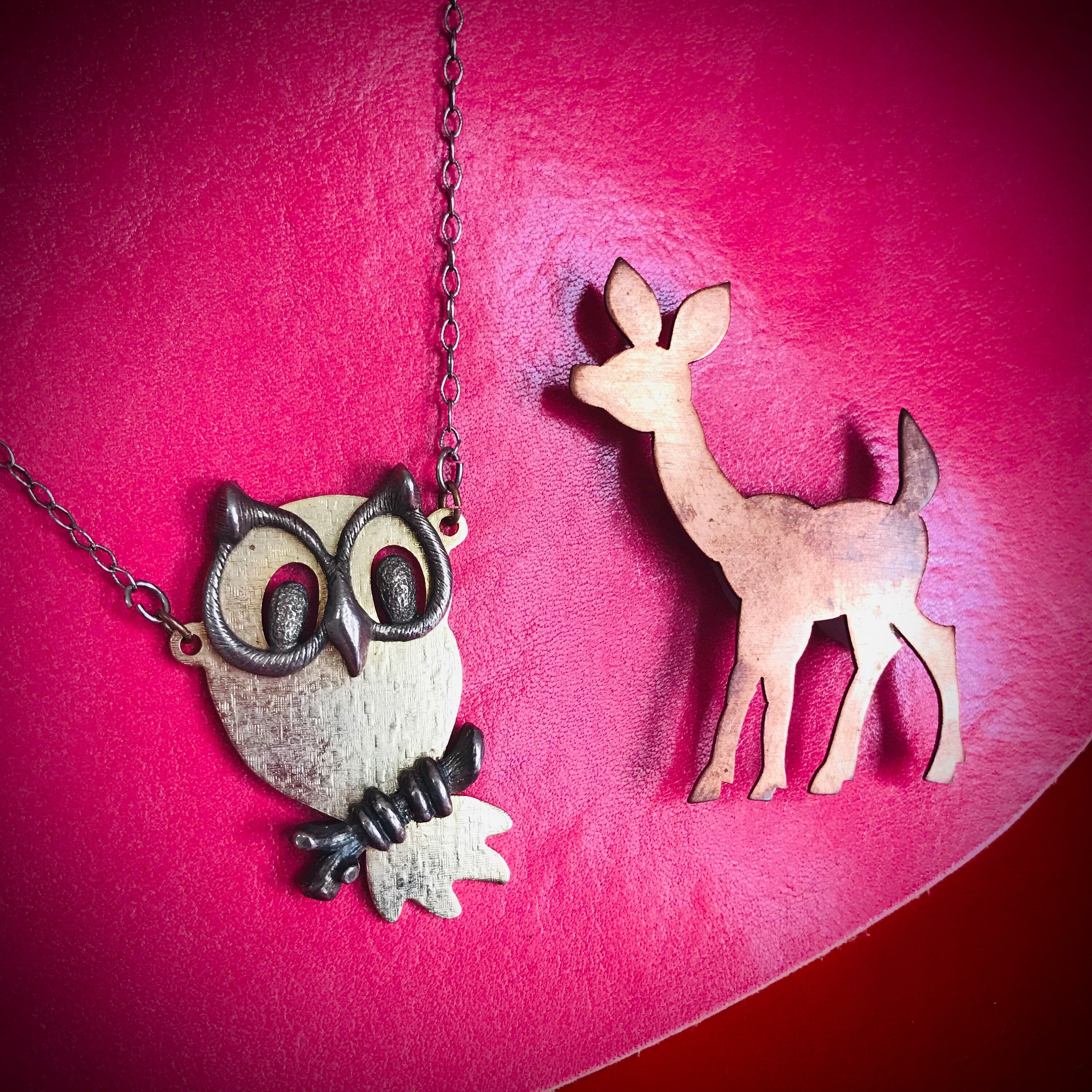 Vintage Owl Pendant and Deer Pin - Mixed Gold-tone, Silver-tone, and Copper