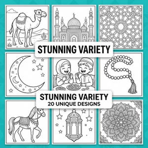 Könnte beinhalten: Eine Sammlung von Schwarz-Weiß-Illustrationen mit einem Kamel, einer Moschee, geometrischen Mustern, einem Mond, Kindern, Gebetsketten, einem Pferd, einer Laterne und einem Mandala. Der Text lautet "STUNNING VARIETY" und "20 UNIQUE DESIGNS".
