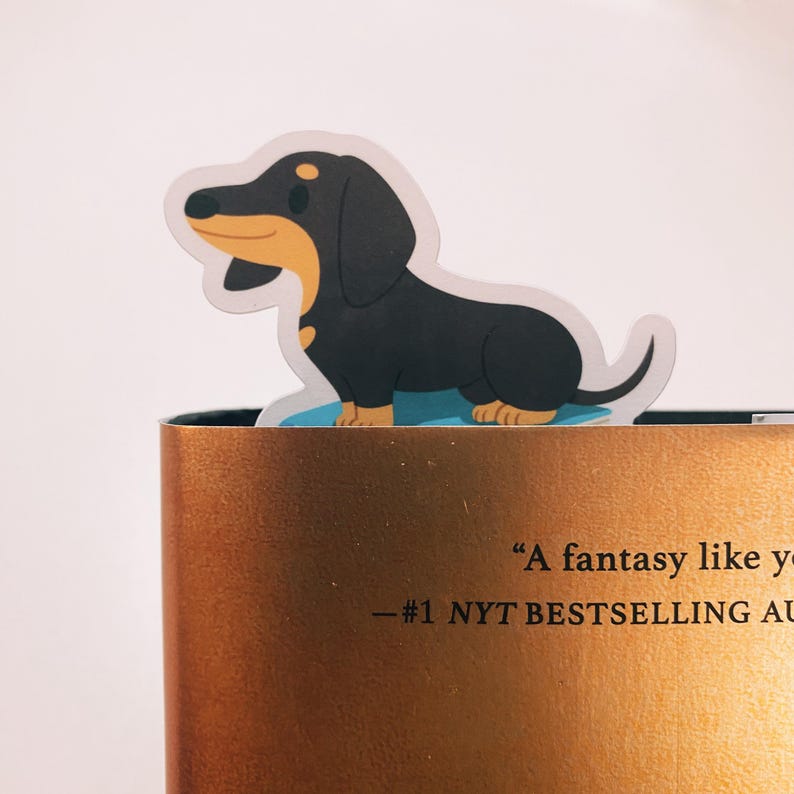 May include: A black and tan dachshund sticker on a blue surfboard. The sticker is on a brown book with the text "A fantasy like you've never seen before." and "#1 NYT BESTSELLING AUTHOR".