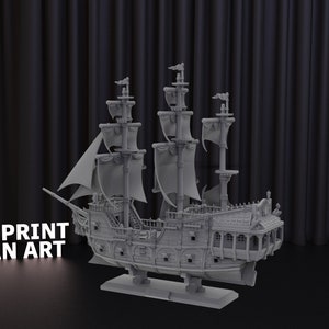 May include: A detailed 3D printed model of a large, gray, wooden sailing ship with multiple masts and sails. The ship is on a gray base and has intricate details, including windows, railings, and cannons.