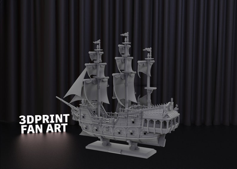 May include: A detailed 3D printed model of a large, gray, wooden sailing ship with multiple masts and sails. The ship is on a gray base and has intricate details, including windows, railings, and cannons.