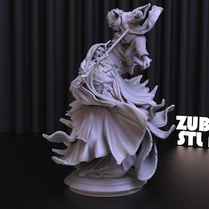 May include: A 3D printed model of a character from Star Wars, a Jedi Master with a flowing robe, holding a lightsaber and being lifted into the air by a small, green alien character. The model is printed in a light grey colour and is set against a black background. The text "ZUBARH STL ART" is visible in the lower right corner of the image.