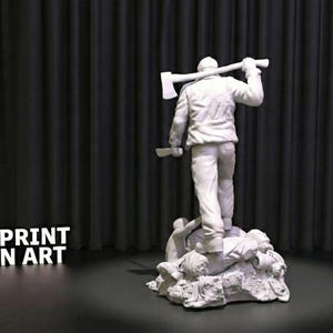 May include: A white statue of a figure holding an axe over his shoulder and a hatchet. The figure stands atop a pile of other figures. The words "3DPRINT FAN ART" are in white text.