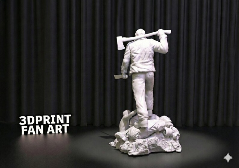 May include: A white statue of a figure holding an axe over his shoulder and a hatchet. The figure stands atop a pile of other figures. The words "3DPRINT FAN ART" are in white text.