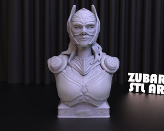 May include: A white 3D printed bust of a woman wearing a helmet with a mask and armor. The bust is on a base with intricate details. The background is a black curtain. The text "ZUBARH STL ART" is visible in the lower right corner of the image.