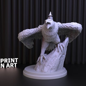May include: A detailed, light gray 3D-printed sculpture of a mythical bird with outstretched wings, perched on a rocky base. The sculpture has intricate feather details and a small crown. Text at the bottom reads "3DPRINT FAN ART".