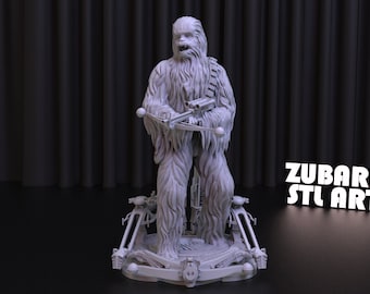 May include: A white 3D printed model of Chewbacca from Star Wars holding a blaster rifle. The model is standing on a base with a detailed design. The text "ZUBARH STL ART" is visible in the background.