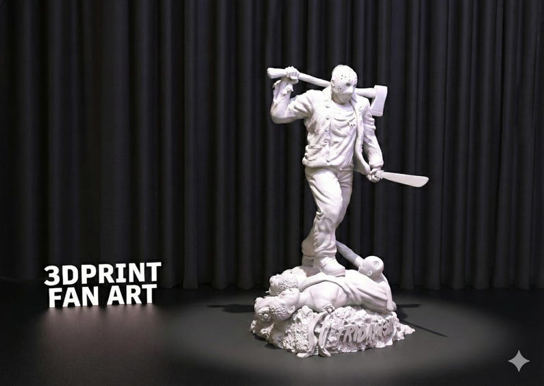 May include: A white 3D-printed statue of a figure in a hockey mask, holding an axe and a machete. The figure stands on a base with other figures. The text "3DPRINT FAN ART" is visible.