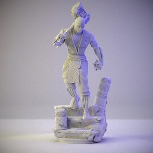 Könnte beinhalten: Weiße bemalte Figur eines Ninja-Kriegers, der einen Hammer hält und auf einer Steinplattform steht. Die Figur ist ein 3D-gedrucktes Modell.