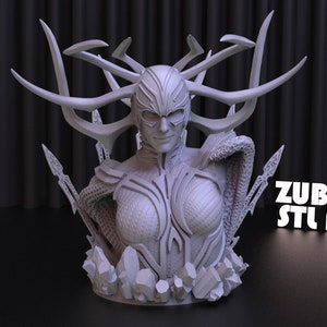 Peut inclure: Buste imprimé en 3D d'une figure féminine avec des cornes et un costume texturé détaillé. Le buste est posé sur une base de cristaux et est imprimé en gris clair. Le texte "ZUBARH STL ART" est visible en arrière-plan.