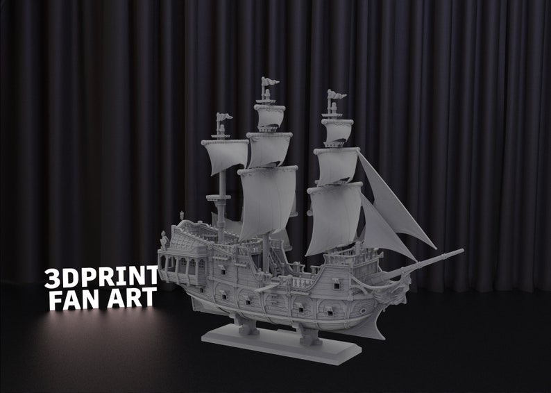May include: A detailed 3D printed model of a large sailing ship with multiple masts and sails. The ship is gray and has intricate details, including cannons, railings, and a figurehead. The ship is on a small base and is set against a black background. 3DPRINT FAN ART