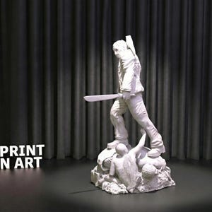 May include: A white 3D-printed statue of a horror movie character holding a machete, standing on a base with other figures. The text "3DPRINT FAN ART" is displayed in white letters.