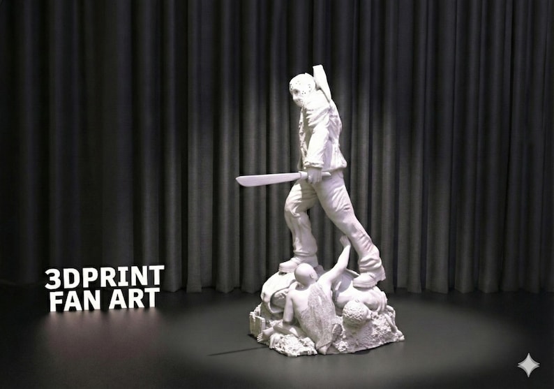 May include: A white 3D-printed statue of a horror movie character holding a machete, standing on a base with other figures. The text "3DPRINT FAN ART" is displayed in white letters.
