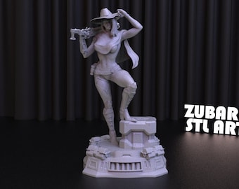 May include: A grey 3D printed figurine of a female character wearing a hat and holding a weapon. The character is standing on a platform with a futuristic design. The text "ZUBARH STL ART" is visible in the background.