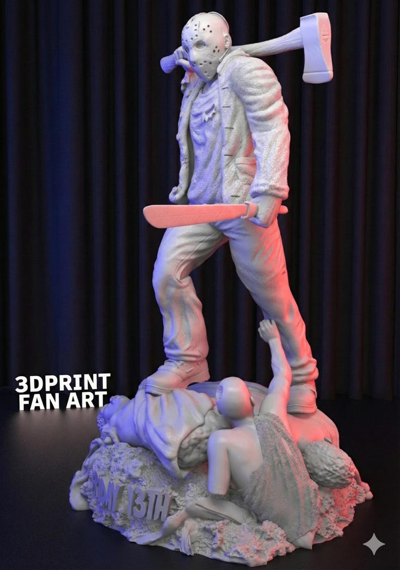 May include: A white 3D-printed statue of a horror movie character wearing a hockey mask, holding a machete and an axe. The statue is standing over a figure on a base with the text "3DPRINT FAN ART" and "MAY 13TH".