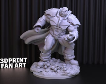 Könnte beinhalten: Eine 3D-gedruckte Miniatur einer großen, gepanzerten Figur mit einem Umhang und einem schädelartigen Gesicht. Die Figur steht auf einem Sockel mit einem Haufen Schädel.