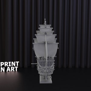 May include: A detailed 3D printed model of a ship with sails, a mast, and intricate carvings. The ship is displayed against a black backdrop with the text "3DPRINT FAN ART" in white.