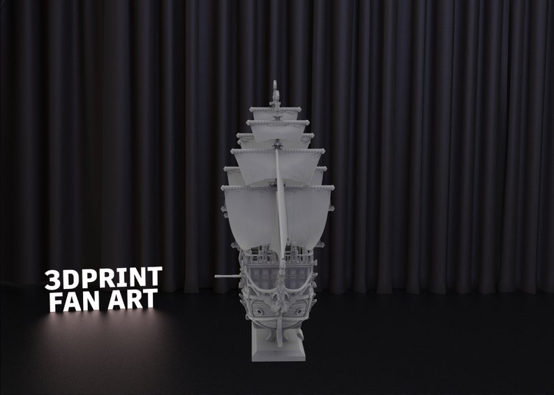 May include: A detailed 3D printed model of a ship with sails, a mast, and intricate carvings. The ship is displayed against a black backdrop with the text "3DPRINT FAN ART" in white.