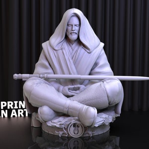 May include: A white 3D printed figurine of a Jedi Knight in a meditative pose, holding a lightsaber. The figurine is sitting on a rocky base with a Star Wars symbol.
