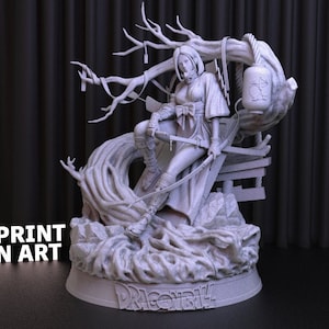 May include: A 3D printed figurine of a female character from the Dragon Ball franchise. The character is sitting on a tree branch with a lantern hanging from the branch. The base of the figurine is a circular platform with the word "Dragon Ball" written on it.