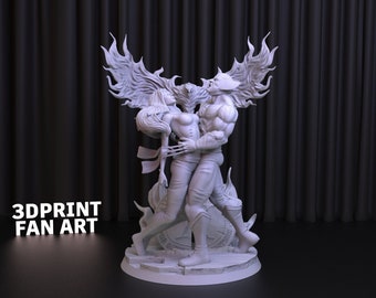 May include: A white 3D printed sculpture of Wolverine and Jean Grey, with Jean's hair forming flames around them. The sculpture is on a circular base with a textured surface.