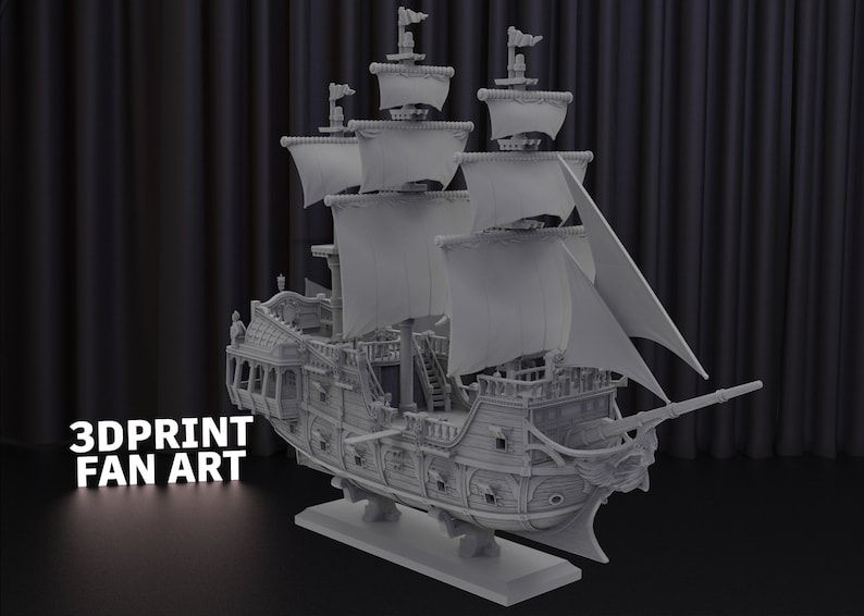 May include: A detailed 3D printed model of a large sailing ship with multiple sails and intricate details. The ship is gray and appears to be made of wood. The ship is on a base and is ready to be painted.