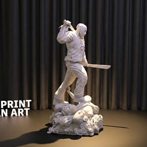 May include: A white 3D-printed statue of a figure in a hockey mask, holding a machete above his head. The figure stands atop a base of sculpted forms. The text "3DPRINT FAN ART" is displayed in white.