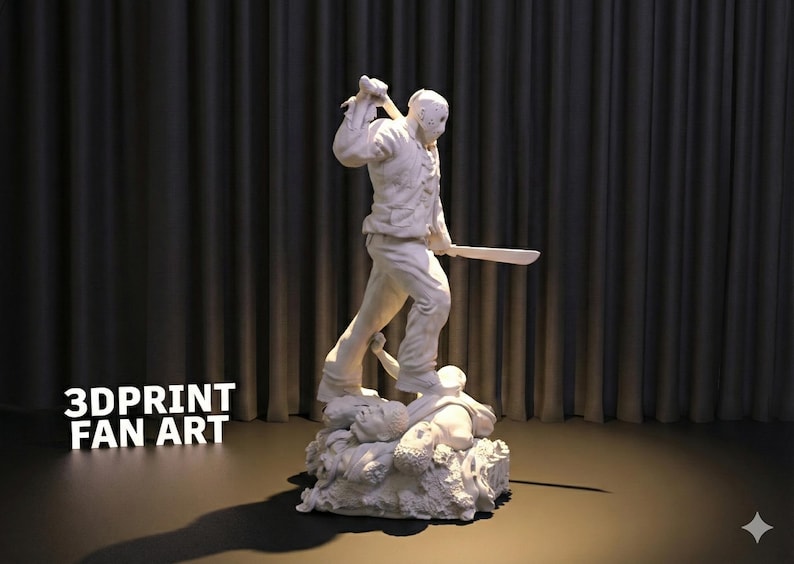 May include: A white 3D-printed statue of a figure in a hockey mask, holding a machete above his head. The figure stands atop a base of sculpted forms. The text "3DPRINT FAN ART" is displayed in white.