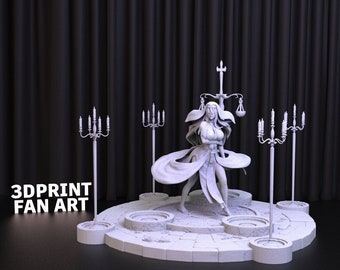 May include: A white 3D printed figurine of a woman holding a scale and standing on a platform with four candle holders. The text "3DPRINT FAN ART" is visible in the lower left corner of the image.