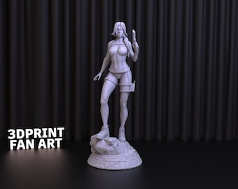 May include: A white 3D printed figurine of a female character standing on a rocky base. She is wearing a short-sleeved top, shorts, and boots. She is holding a gun in her right hand. The figurine is on a black background. 3DPRINT FAN ART