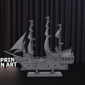 May include: A detailed gray 3D printed model of a large sailing ship with multiple masts and sails. The ship is on a base and has intricate details like railings and windows. The text "3DPRINT FAN ART" is visible in the lower left corner of the image.