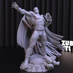 Puede incluir: Una figura impresa en 3D de color gris de un superhéroe con una capa y una pose dramática. La figura está de pie sobre una base con un efecto de nube de humo. El texto "ZUBARH STL ART" es visible en el fondo.