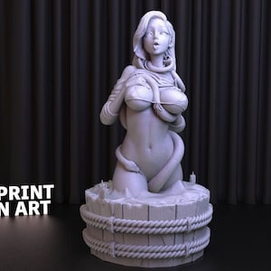 May include: A white 3D printed figurine of a woman with a snake wrapped around her. The woman is wearing a loose-fitting top and the snake is coiled around her torso and arms. The figurine is standing on a wooden base with rope accents. The text "3DPRINT FAN ART" is visible in the lower left corner of the image.