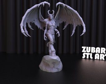 May include: A 3D printed figurine of a female demon with large wings, horns, and claws. The figurine is standing on a rock base. The text "ZUBARH STL ART" is visible in the background.