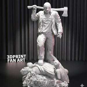 May include: A white 3D-printed sculpture of a figure in a hockey mask holding an axe, standing over a figure on a base with the text "FRIDAY 13TH". The sculpture is labeled "3DPRINT FAN ART".
