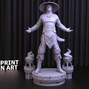 May include: A 3D printed model of a character wearing a wide-brimmed hat and a detailed outfit, standing on a circular base with two smaller bases on either side. The model is made of white plastic and appears to be a fan art creation.