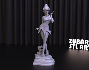 May include: A white 3D printed figurine of a woman with a dinosaur. The woman is wearing a short skirt and has her hair pulled back in a ponytail. She is standing on a rock base. The figurine is on a black background.