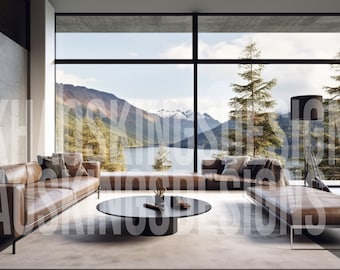 May include: A modern living room with large windows overlooking a lake and mountains. The room features a brown leather sofa, a matching ottoman, and a round coffee table. The floor is covered in a light-colored rug.