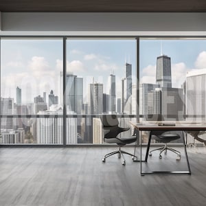 May include: A modern office with a large desk and two chairs, overlooking a city skyline. The desk is made of wood with a black metal frame. The chairs are black with a gray fabric seat. The windows are large and offer a panoramic view of the city.