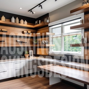 Może przedstawiać: Nowoczesne biuro domowe z białym biurkiem i drewnianym blatem. Biurko ma wbudowaną półkę i znajduje się przed dużym oknem. Ściany są wyłożone drewnianymi półkami wypełnionymi ozdobnymi przedmiotami.