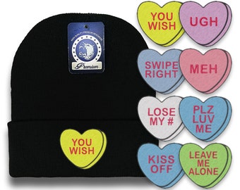Valentine's Day Candy Heart Embroidered Beanie, Cuffed Knit Beanie, Adult Unisex, Machine Embroidered Hat, Gift for Her, Gift for Him, Black