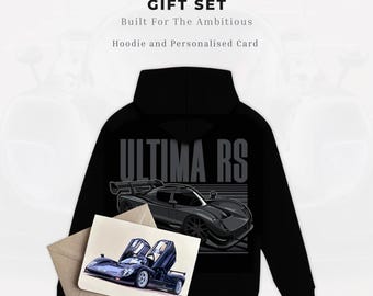 Set de regalo personalizado para coche Sudadera con capucha Tarjeta impresa Regalo de supercoche Sudadera con capucha Ultima RS Set de regalo Sudadera con capucha personalizada para coche Regalo de cumpleaños para él Regalo para amante de los coches
