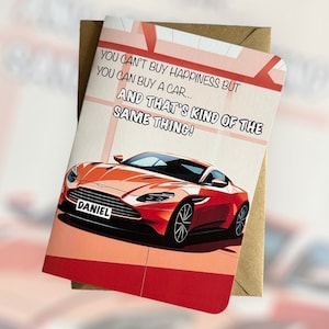 Carte d'anniversaire personnalisée voiture de sport pour voiture, ami fou, cadeau pour amateur de voitures, impression Aston Martin, carte d'anniversaire amusante, tête essence