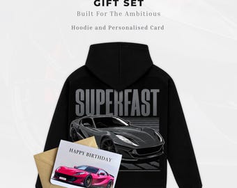 Set de regalo personalizado para amantes de los coches Sudadera con capucha de supercoche Tarjeta de regalo personalizada para amantes de los coches Set de regalo de cumpleaños personalizado para aficionados a los coches Set de regalo para él