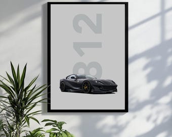 May include: A framed print featuring a black sports car on a light gray background. The number "812" is printed in large, gray numerals above the car. The car has yellow brake calipers and black wheels.