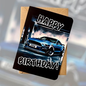 Carte d'anniversaire personnalisée Carte d'anniversaire Ford Mustang Carte d'anniversaire personnalisée avec plaque d'immatriculation Carte d'anniversaire Ford Mustang Muscle Car