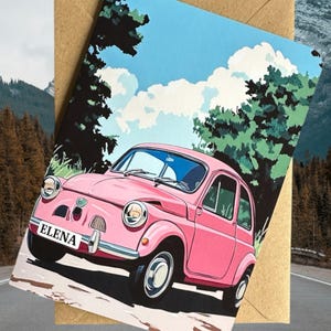 Gepersonaliseerde autoverjaardagskaart Fiat 500 Aangepaste verjaardagskaart Klassieke Fiat 500-verjaardagskaart Vintage Car Lover-verjaardagskaart roze Fiat