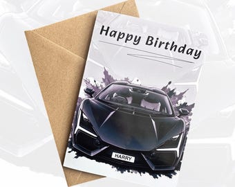 Tarjeta de cumpleaños personalizada con diseño de coche, tarjeta de cumpleaños con diseño de supercoche, tarjeta de cumpleaños con diseño de revuelto, regalo para amantes de los coches, regalo para aficionados a los coches, tarjeta de cumpleaños personalizada.