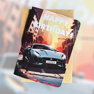 Carte d'anniversaire Jaguar type F personnalisée, carte d'anniversaire pour passionné de voiture, carte d'anniversaire Jag type F pour amateur de voitures, carte d'anniversaire pour amateur de voitures